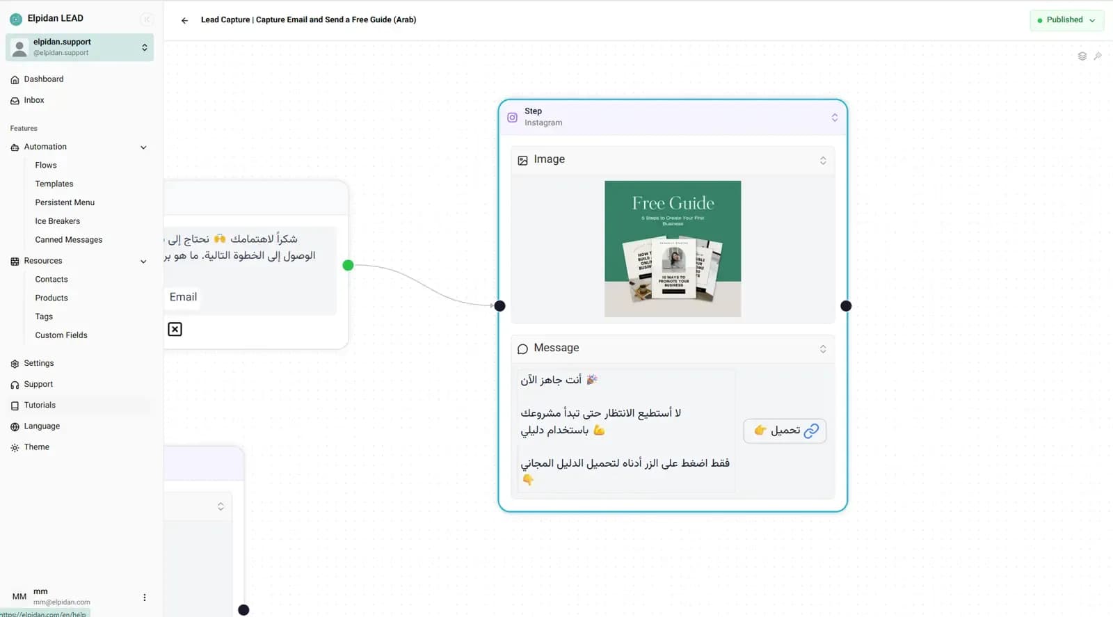 تدفق Instagram DM في Elpidan يرسل دليلاً مجانيًا بعد جمع البريد الإلكتروني