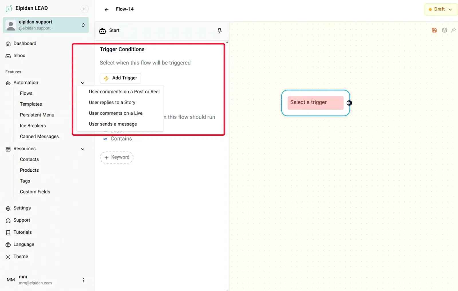 Elpidan Flow Builder trigger setup for collecting emails from Instagram DMs