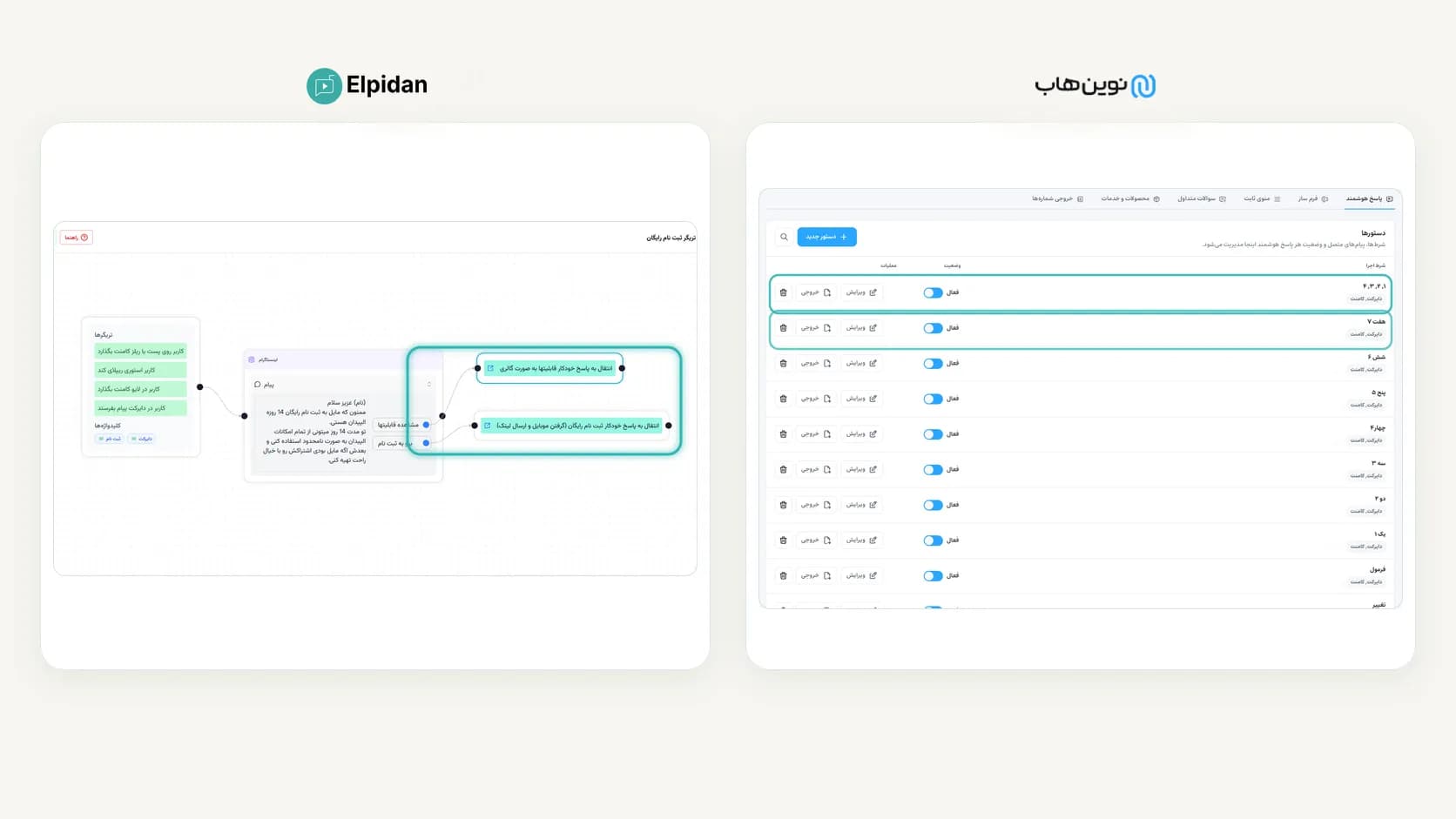مقایسه نمایش مسیر گفتگو در Flow Builder الپیدان و پاسخ‌های جداگانه نوین‌هاب