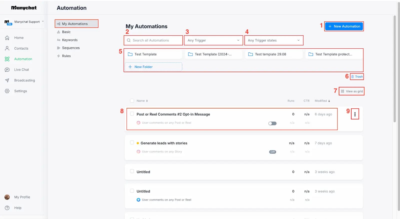 بخش Automation در ManyChat برای ساخت و مدیریت اتوماسیون دایرکت هوشمند اینستاگرام